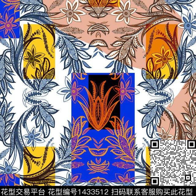 民族花卉几何清爽底花卉数码印花华亿平台下载（图片编号: 1433512） - 瓦栏（Walan）