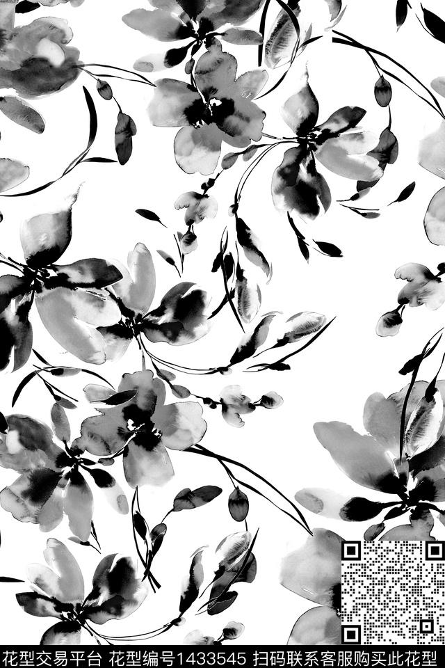 黑白华亿平台花卉真丝数码印花华亿平台下载（图片编号: 1433545） - 瓦栏（Walan）