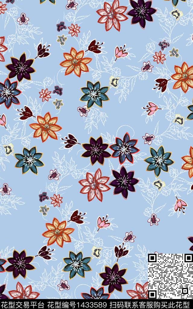 花卉羊毛衫天蓝底数码印花华亿平台下载（图片编号: 1433589） - 瓦栏（Walan）