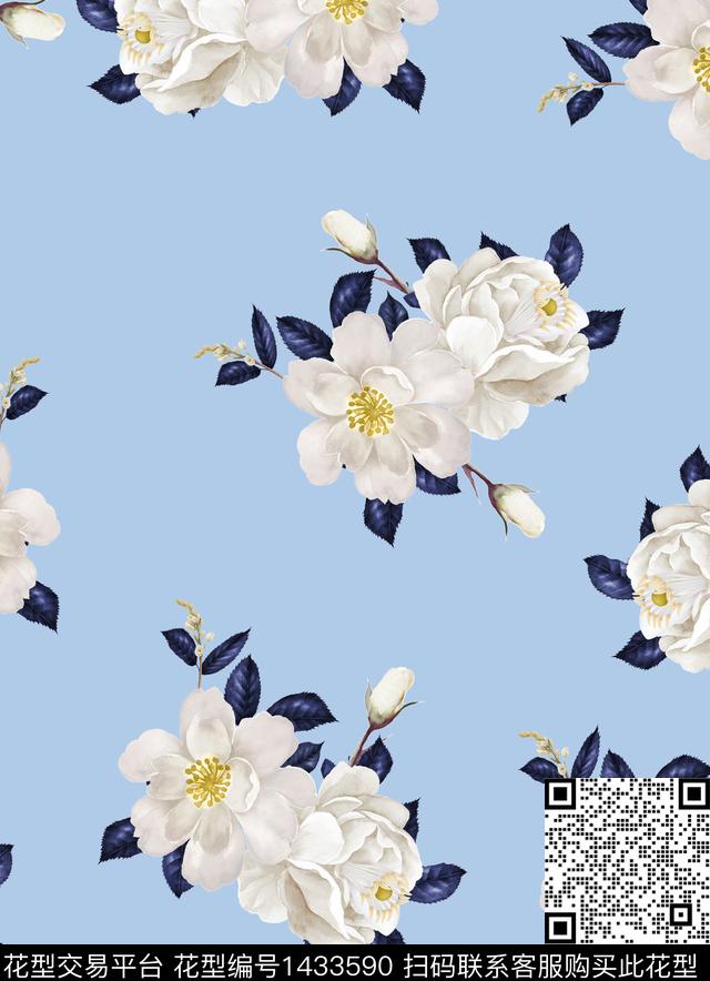 白花花卉天蓝底数码印花华亿平台下载（图片编号: 1433590） - 瓦栏（Walan）