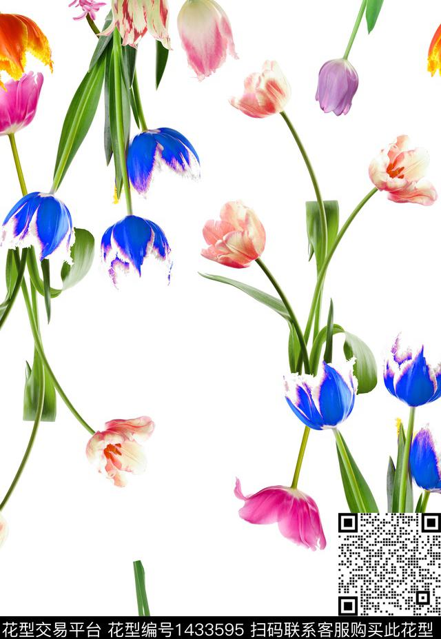 花卉郁金香白底花数码印花华亿平台下载（图片编号: 1433595） - 瓦栏（Walan）