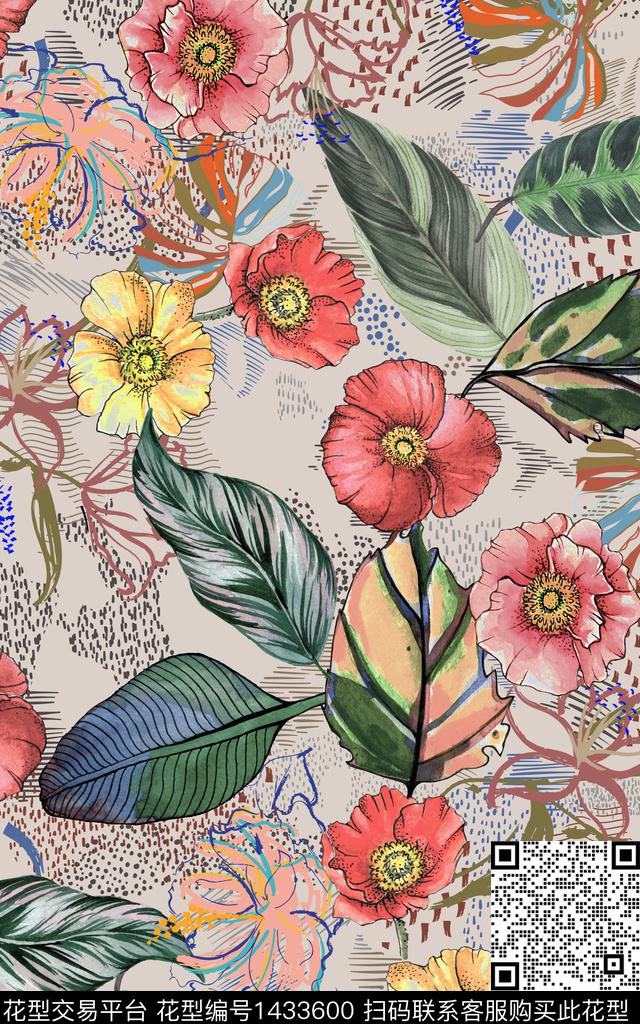 几何中老年手绘花卉数码印花华亿平台下载（图片编号: 1433600） - 瓦栏（Walan）