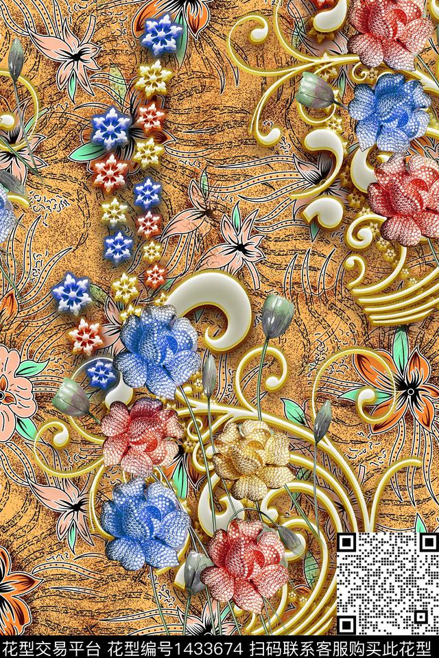 民族风复古香云纱数码印花华亿平台下载（图片编号: 1433674） - 瓦栏（Walan）