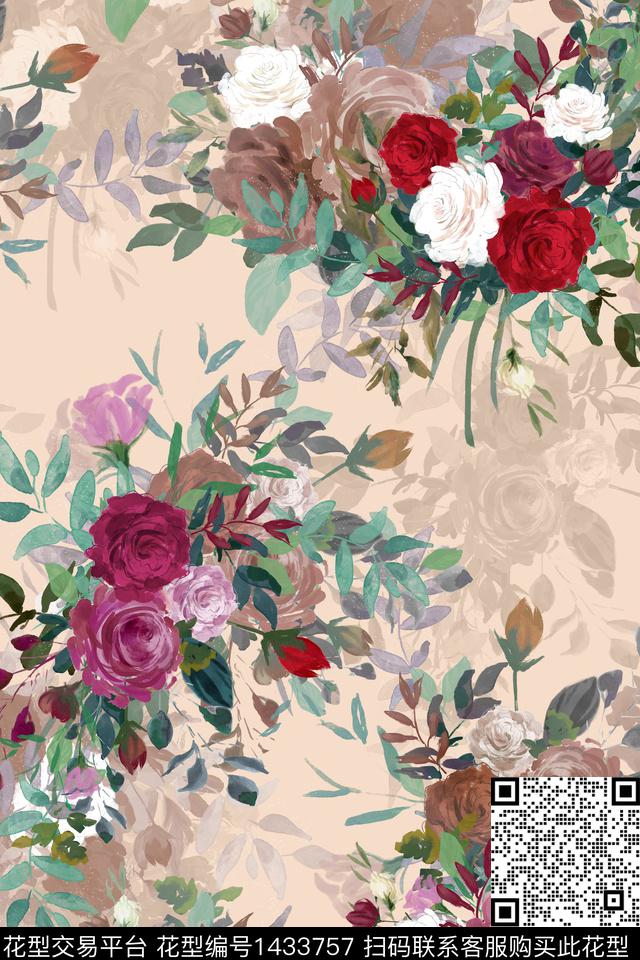 清爽底花卉花卉香云纱数码印花华亿平台下载（图片编号: 1433757） - 瓦栏（Walan）