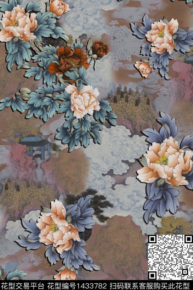 香云纱牡丹中国风数码印花华亿平台下载（图片编号: 1433782） - 瓦栏（Walan）