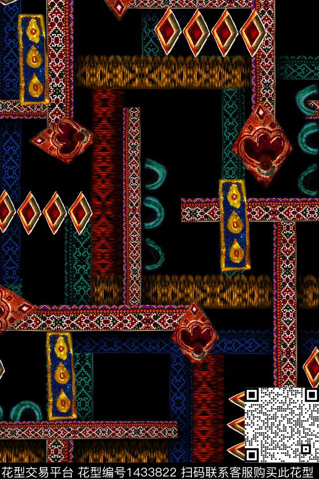 黑底花卉几何大牌风数码印花华亿平台下载（图片编号: 1433822） - 瓦栏（Walan）