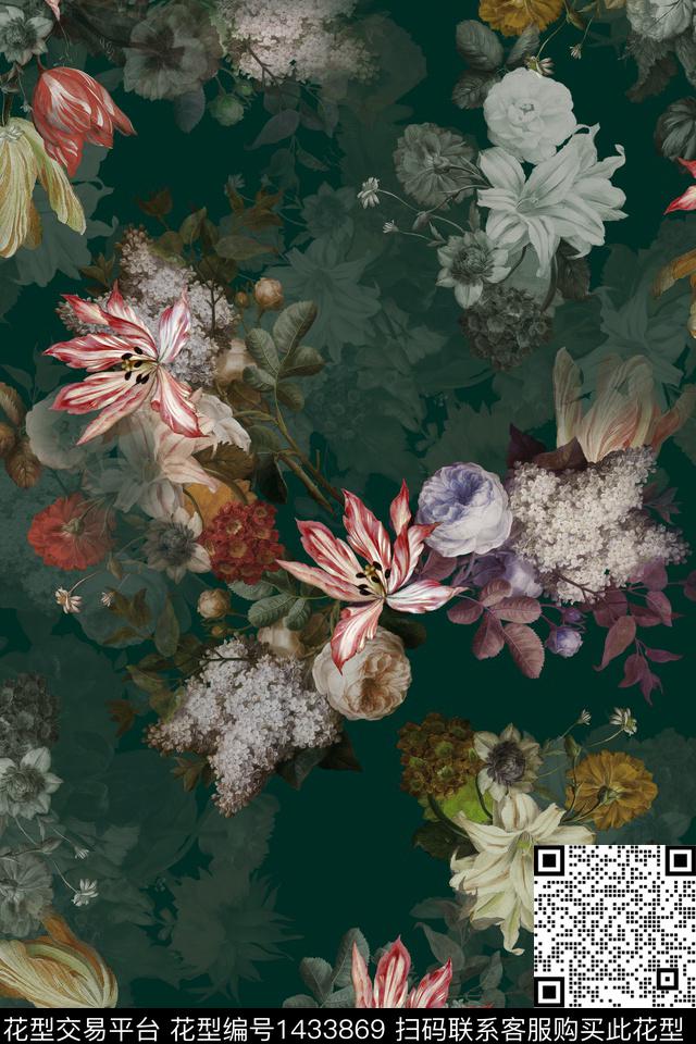 油画华亿平台花卉香云纱数码印花华亿平台下载（图片编号: 1433869） - 瓦栏（Walan）