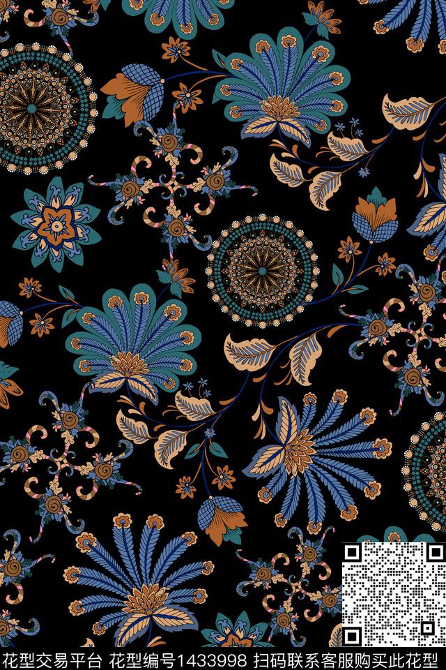 民族花卉黑底花卉满版散花传统印花华亿平台下载（图片编号: 1433998） - 瓦栏（Walan）