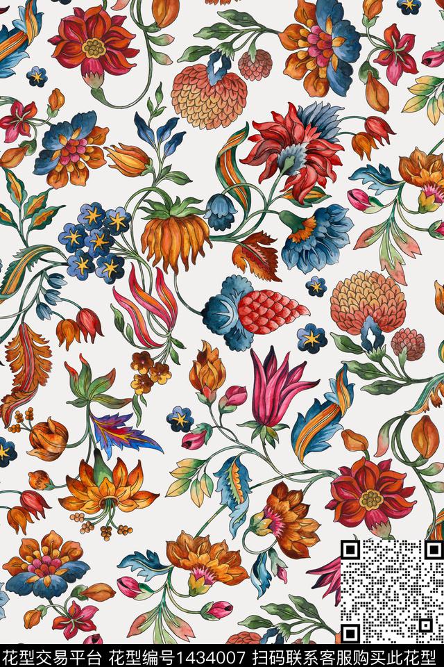 复古民族风花卉数码印花华亿平台下载（图片编号: 1434007） - 瓦栏（Walan）