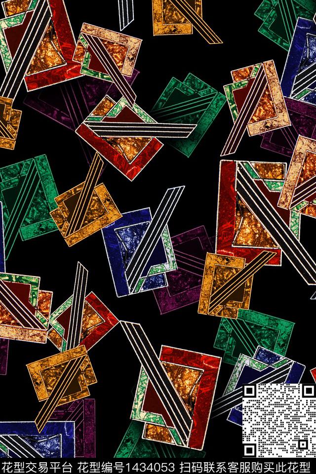 黑底花卉几何大牌风数码印花华亿平台下载（图片编号: 1434053） - 瓦栏（Walan）