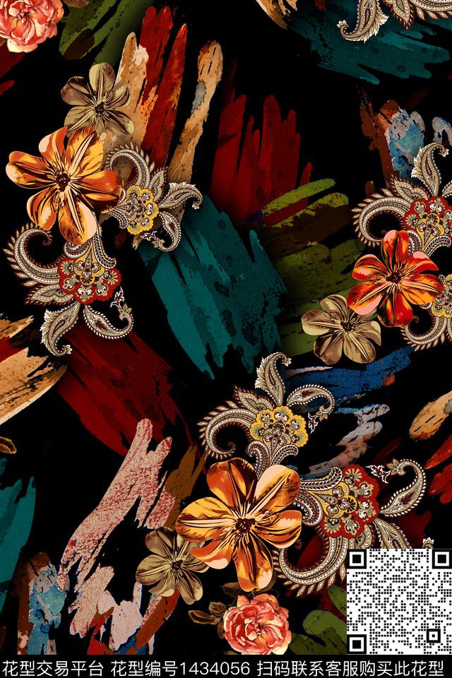 黑底花卉几何大牌风数码印花华亿平台下载（图片编号: 1434056） - 瓦栏（Walan）