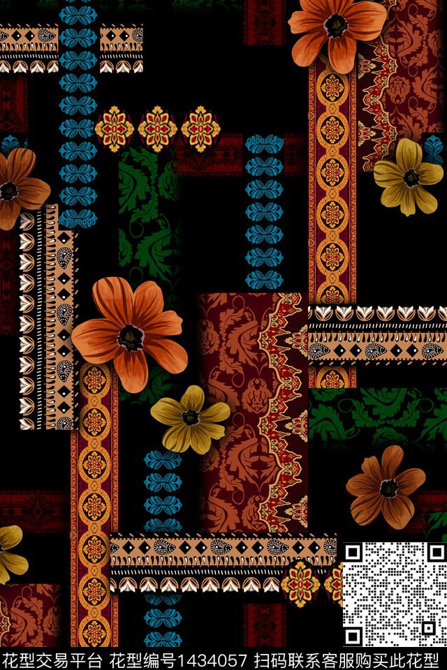 黑底花卉几何大牌风数码印花华亿平台下载（图片编号: 1434057） - 瓦栏（Walan）