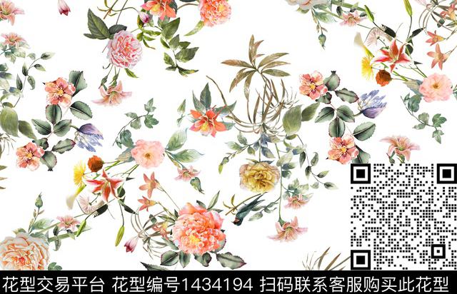 水彩花卉白底花数码印花华亿平台下载（图片编号: 1434194） - 瓦栏（Walan）