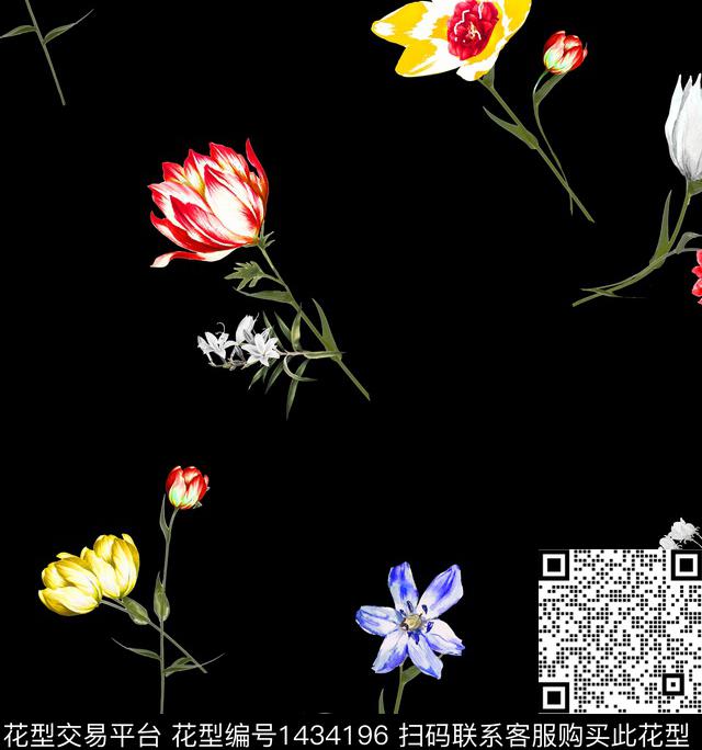 水彩花卉黑底花卉数码印花华亿平台下载（图片编号: 1434196） - 瓦栏（Walan）