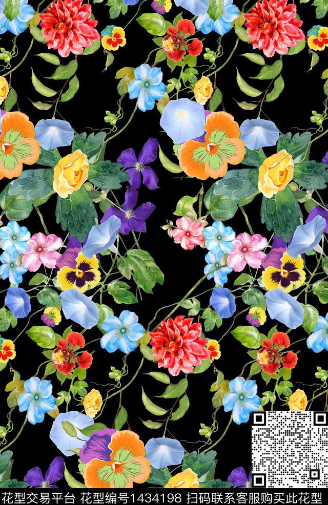 水彩花卉黑底花卉数码印花华亿平台下载（图片编号: 1434198） - 瓦栏（Walan）