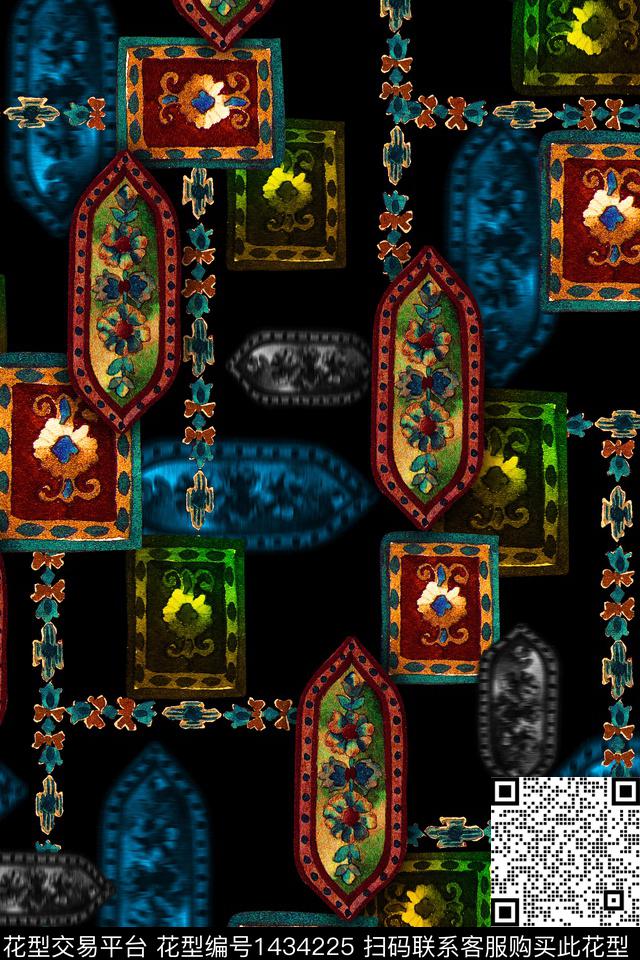 黑底花卉几何大牌风数码印花华亿平台下载（图片编号: 1434225） - 瓦栏（Walan）