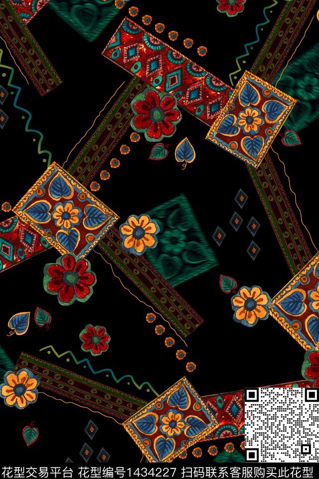 黑底花卉几何大牌风数码印花华亿平台下载（图片编号: 1434227） - 瓦栏（Walan）