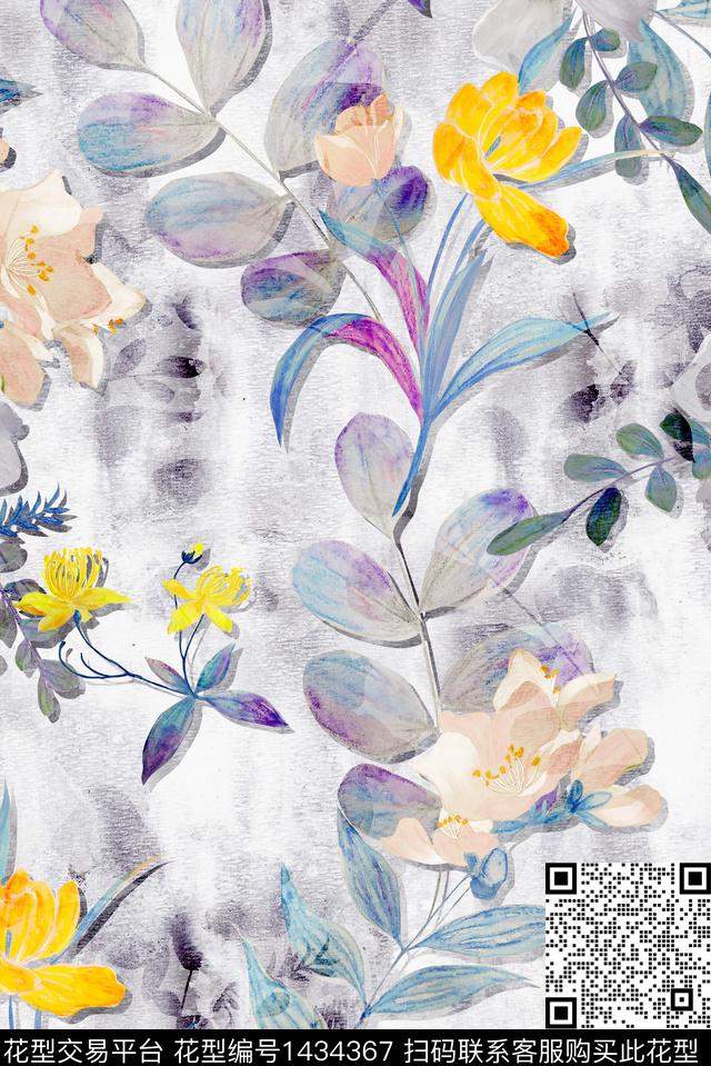 手绘花卉抽象真丝数码印花华亿平台下载（图片编号: 1434367） - 瓦栏（Walan）