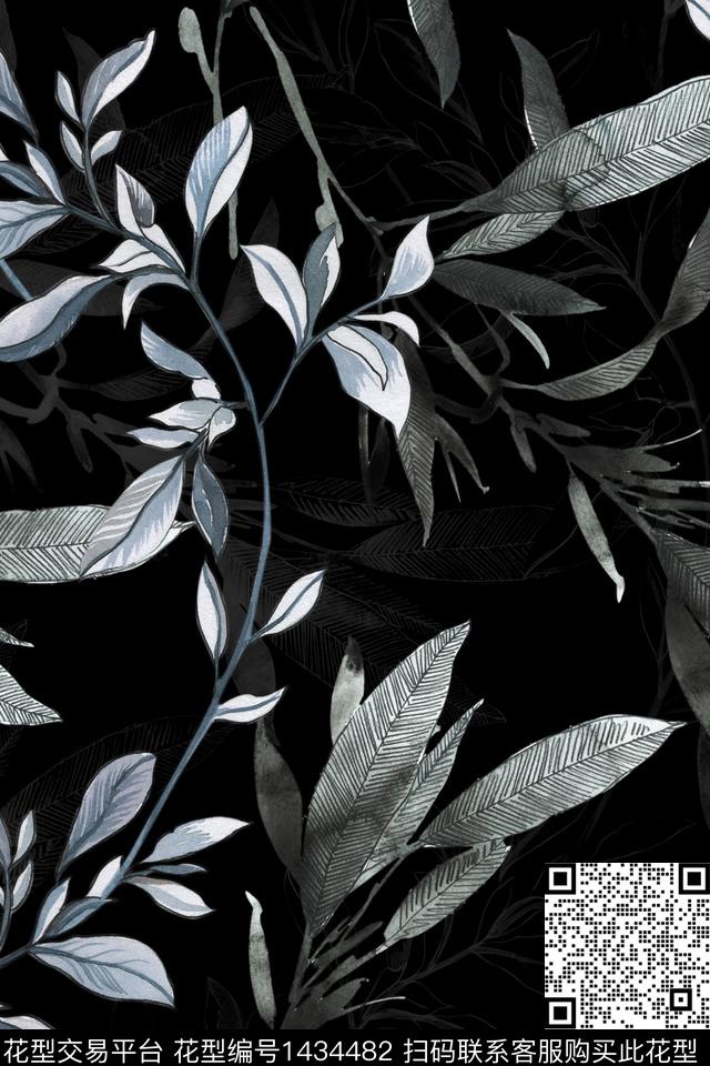 黑底花卉绿植树叶花卉数码印花华亿平台下载（图片编号: 1434482） - 瓦栏（Walan）