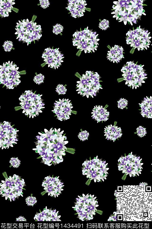 鲜花连衣裙黑底花卉数码印花华亿平台下载（图片编号: 1434491） - 瓦栏（Walan）