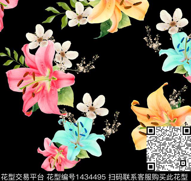 花卉百合黑底花卉数码印花华亿平台下载（图片编号: 1434495） - 瓦栏（Walan）