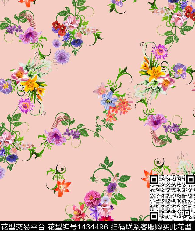 花卉红花绿叶粉底数码印花华亿平台下载（图片编号: 1434496） - 瓦栏（Walan）