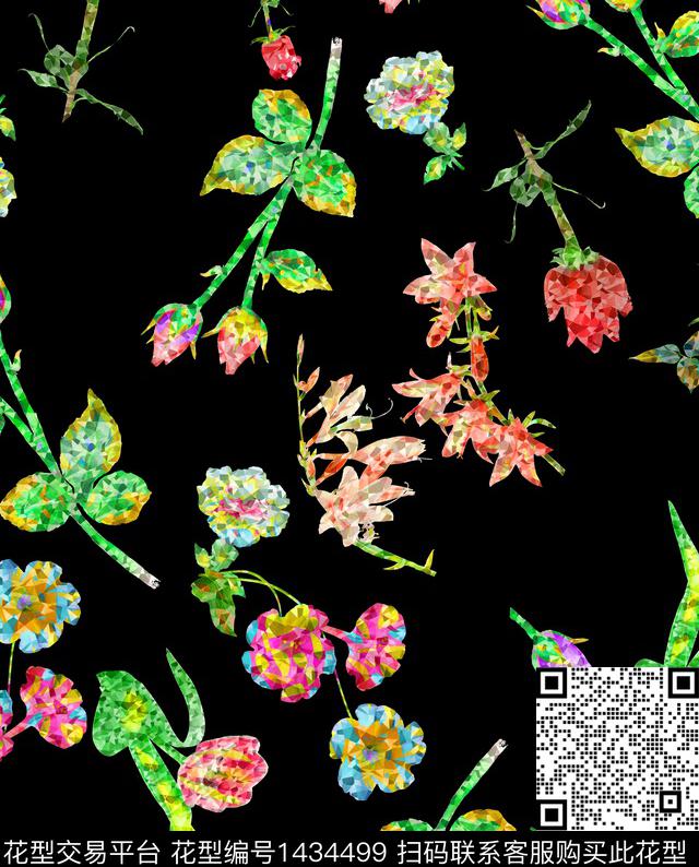 花卉抽象黑底花卉数码印花华亿平台下载（图片编号: 1434499） - 瓦栏（Walan）