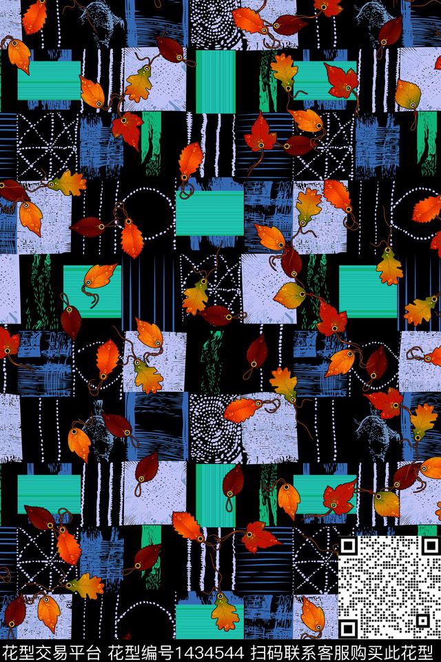 几何绿植树叶混合拼接数码印花华亿平台下载（图片编号: 1434544） - 瓦栏（Walan）