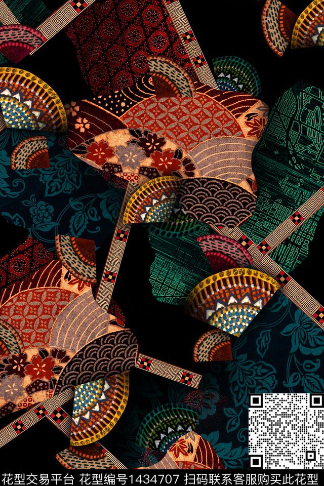 黑底花卉几何大牌风数码印花华亿平台下载（图片编号: 1434707） - 瓦栏（Walan）