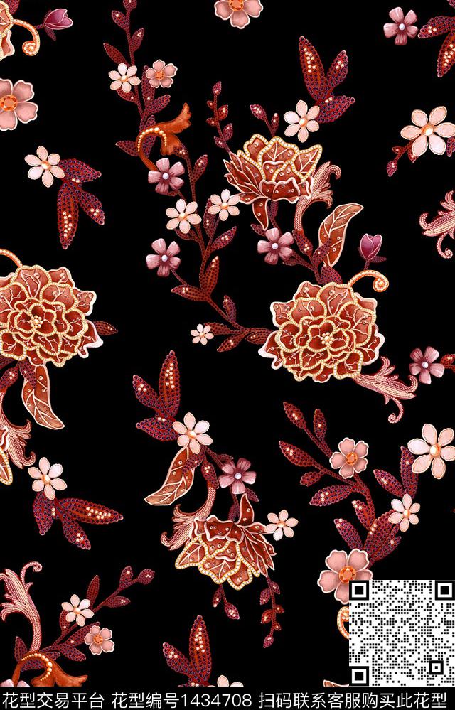 黑底花卉几何大牌风数码印花华亿平台下载（图片编号: 1434708） - 瓦栏（Walan）