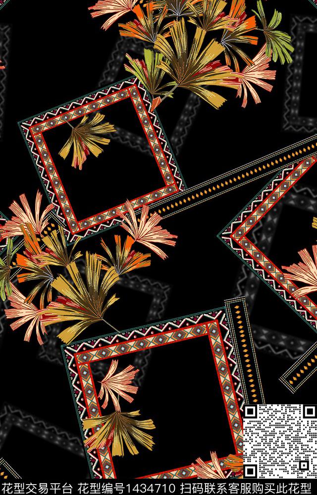 黑底花卉几何大牌风数码印花华亿平台下载（图片编号: 1434710） - 瓦栏（Walan）