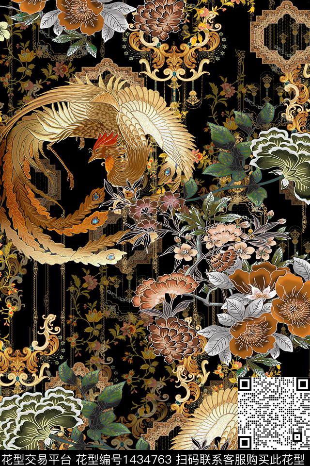 仙鹤花卉中国风数码印花华亿平台下载（图片编号: 1434763） - 瓦栏（Walan）