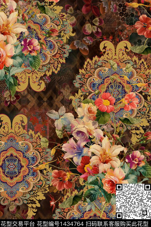 时尚花卉香云纱数码印花华亿平台下载（图片编号: 1434764） - 瓦栏（Walan）