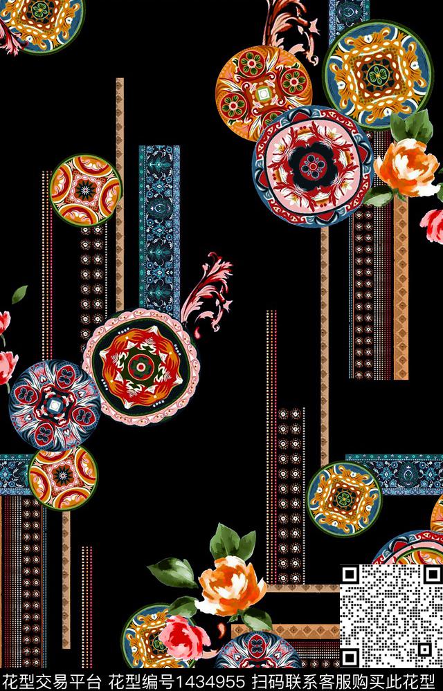 黑底花卉几何大牌风数码印花华亿平台下载（图片编号: 1434955） - 瓦栏（Walan）