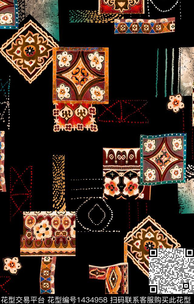 黑底花卉几何大牌风数码印花华亿平台下载（图片编号: 1434958） - 瓦栏（Walan）