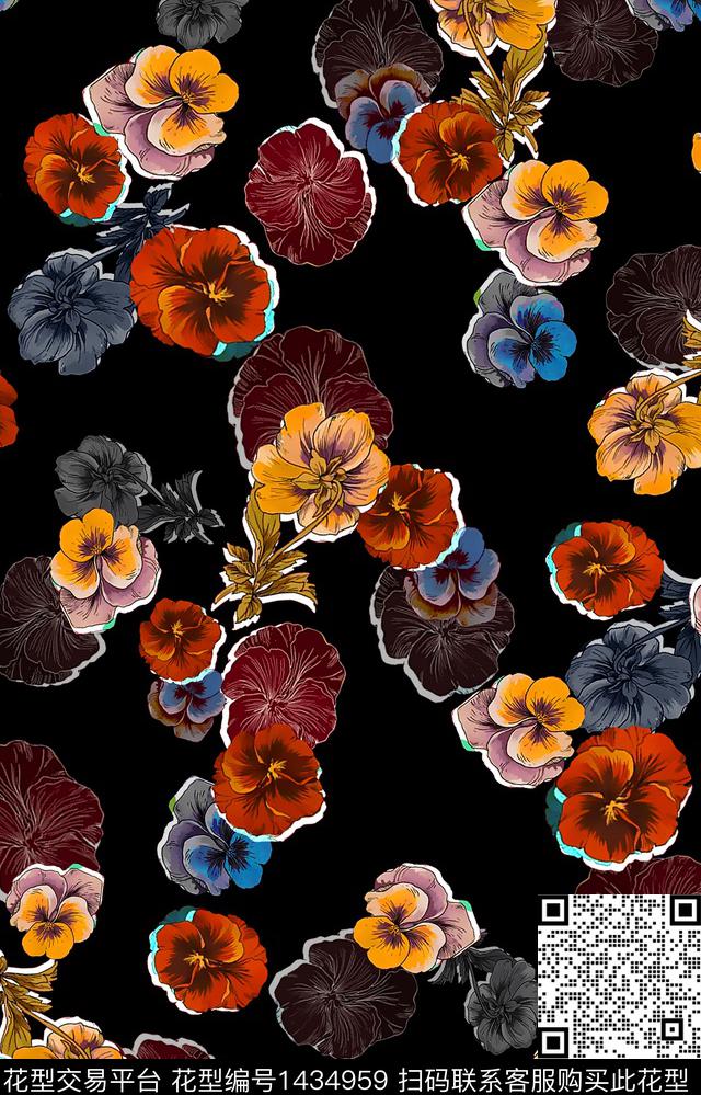 黑底花卉几何大牌风数码印花华亿平台下载（图片编号: 1434959） - 瓦栏（Walan）