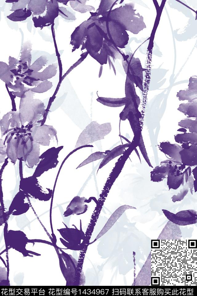 花卉配饰水墨风数码印花华亿平台下载（图片编号: 1434967） - 瓦栏（Walan）