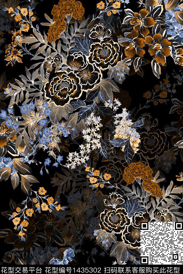 花卉香云纱中国风数码印花华亿平台下载（图片编号: 1435302） - 瓦栏（Walan）