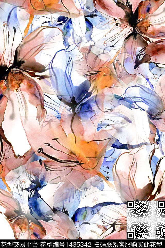 肌理水彩抽象花卉数码印花华亿平台下载（图片编号: 1435342） - 瓦栏（Walan）
