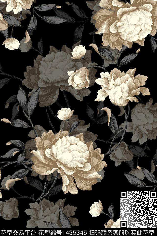 黑底花卉绿植树叶大牌风数码印花华亿平台下载（图片编号: 1435345） - 瓦栏（Walan）