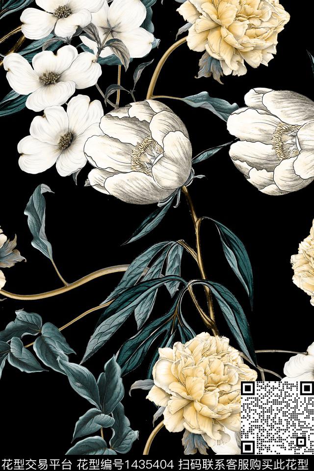 黑底花卉花卉香云纱数码印花华亿平台下载（图片编号: 1435404） - 瓦栏（Walan）