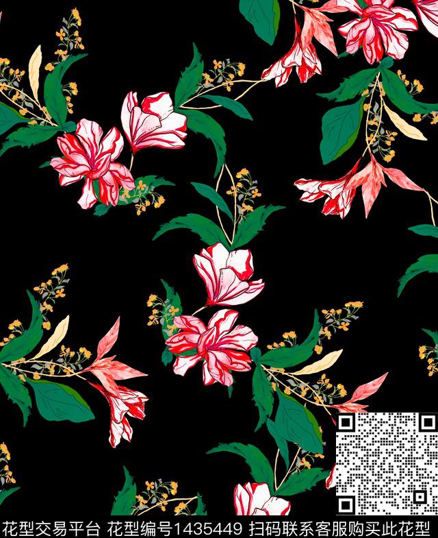 花卉手绘红花绿叶数码印花华亿平台下载（图片编号: 1435449） - 瓦栏（Walan）