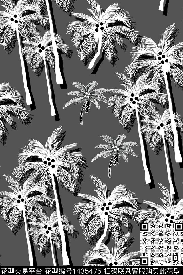 黑白华亿平台满版散花棕榈树传统印花华亿平台下载（图片编号: 1435475） - 瓦栏（Walan）