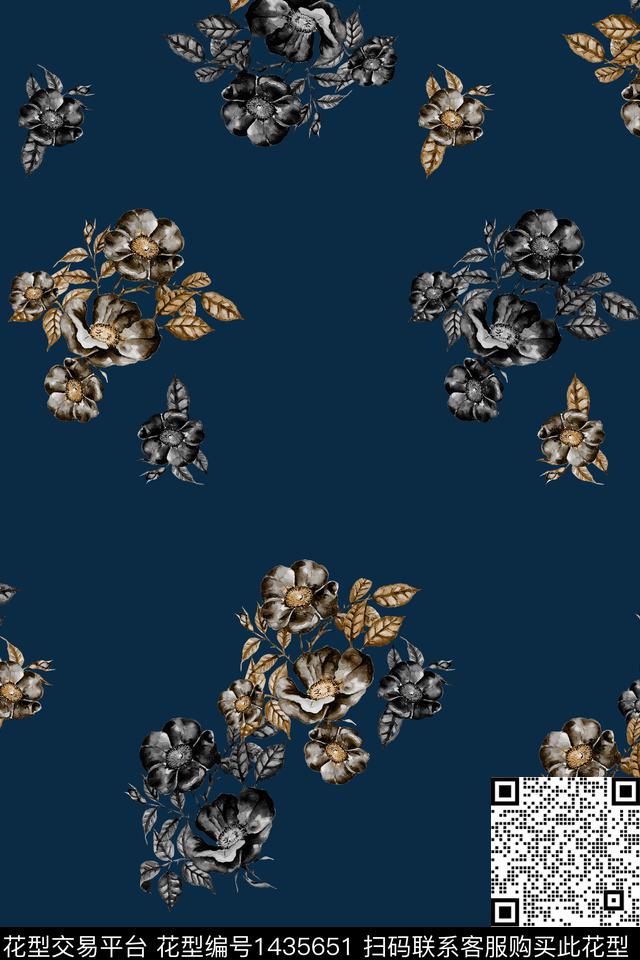 花卉香云纱大牌风数码印花华亿平台下载（图片编号: 1435651） - 瓦栏（Walan）