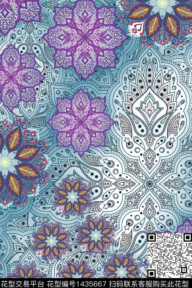 传统纹样民族风清爽底花卉数码印花华亿平台下载（图片编号: 1435667） - 瓦栏（Walan）