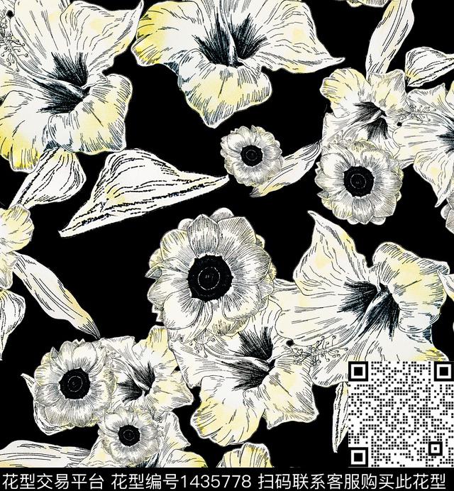 花卉手绘黑底花卉数码印花华亿平台下载（图片编号: 1435778） - 瓦栏（Walan）