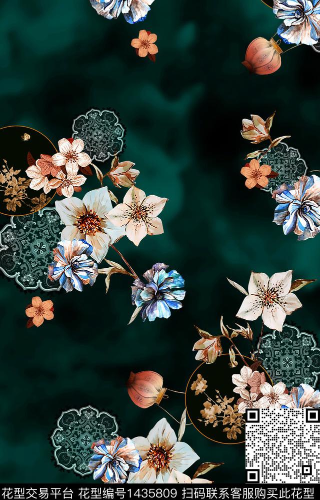 黑底花卉几何大牌风数码印花华亿平台下载（图片编号: 1435809） - 瓦栏（Walan）