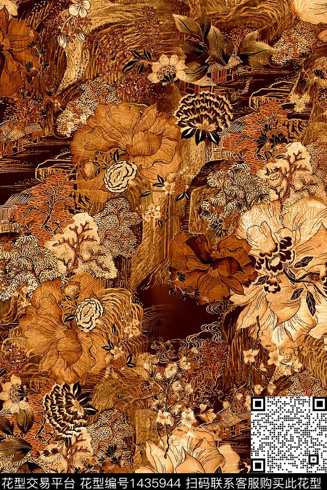 花卉香云纱中国风数码印花华亿平台下载（图片编号: 1435944） - 瓦栏（Walan）