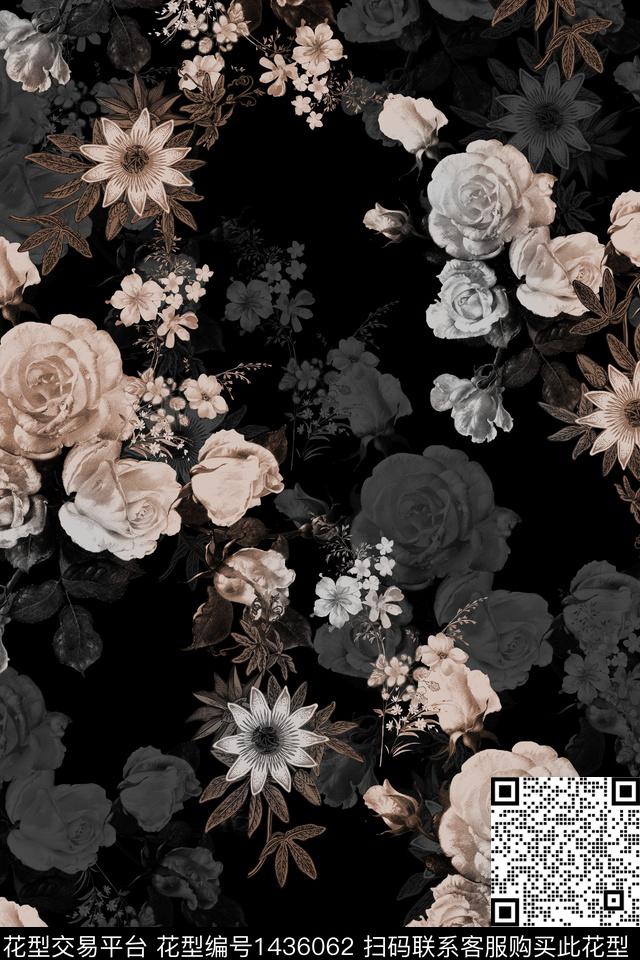 花卉香云纱大牌风数码印花华亿平台下载（图片编号: 1436062） - 瓦栏（Walan）