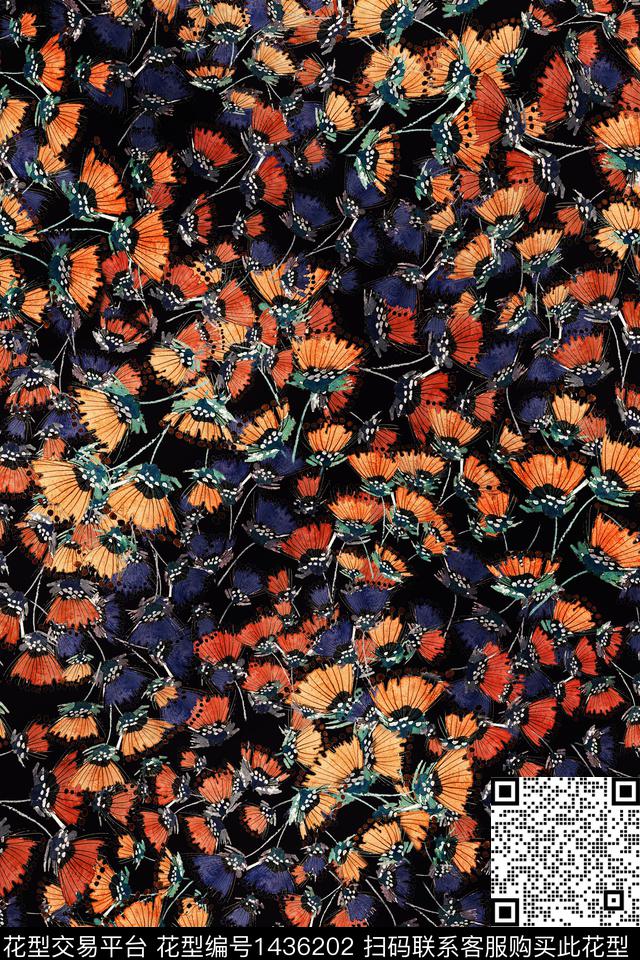 黑底花卉抽象艺术数码印花华亿平台下载（图片编号: 1436202） - 瓦栏（Walan）